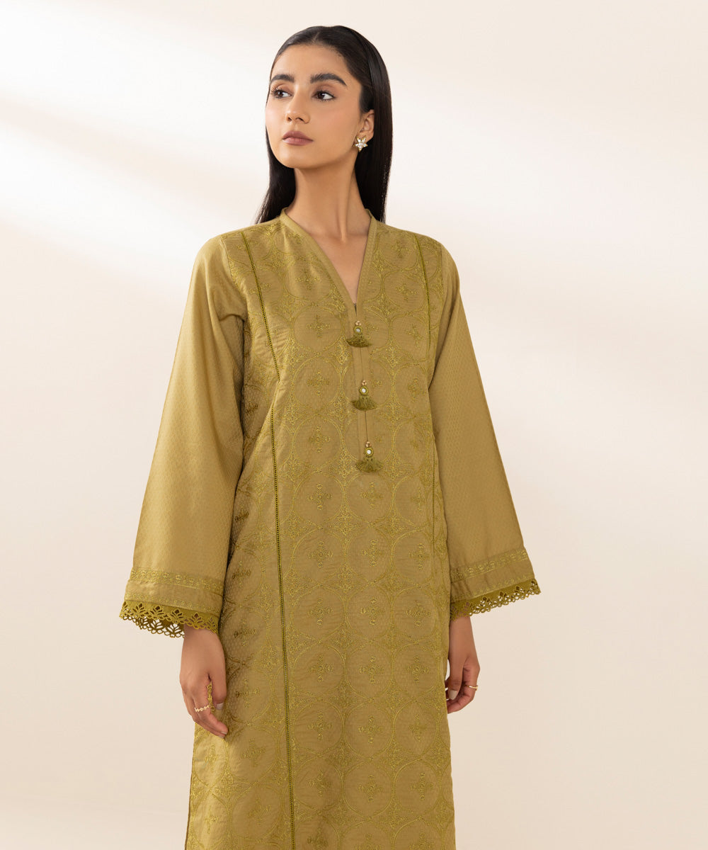 Women's Pret Dobby Solid Embroidered  Olive Yellow A-Line Shirt