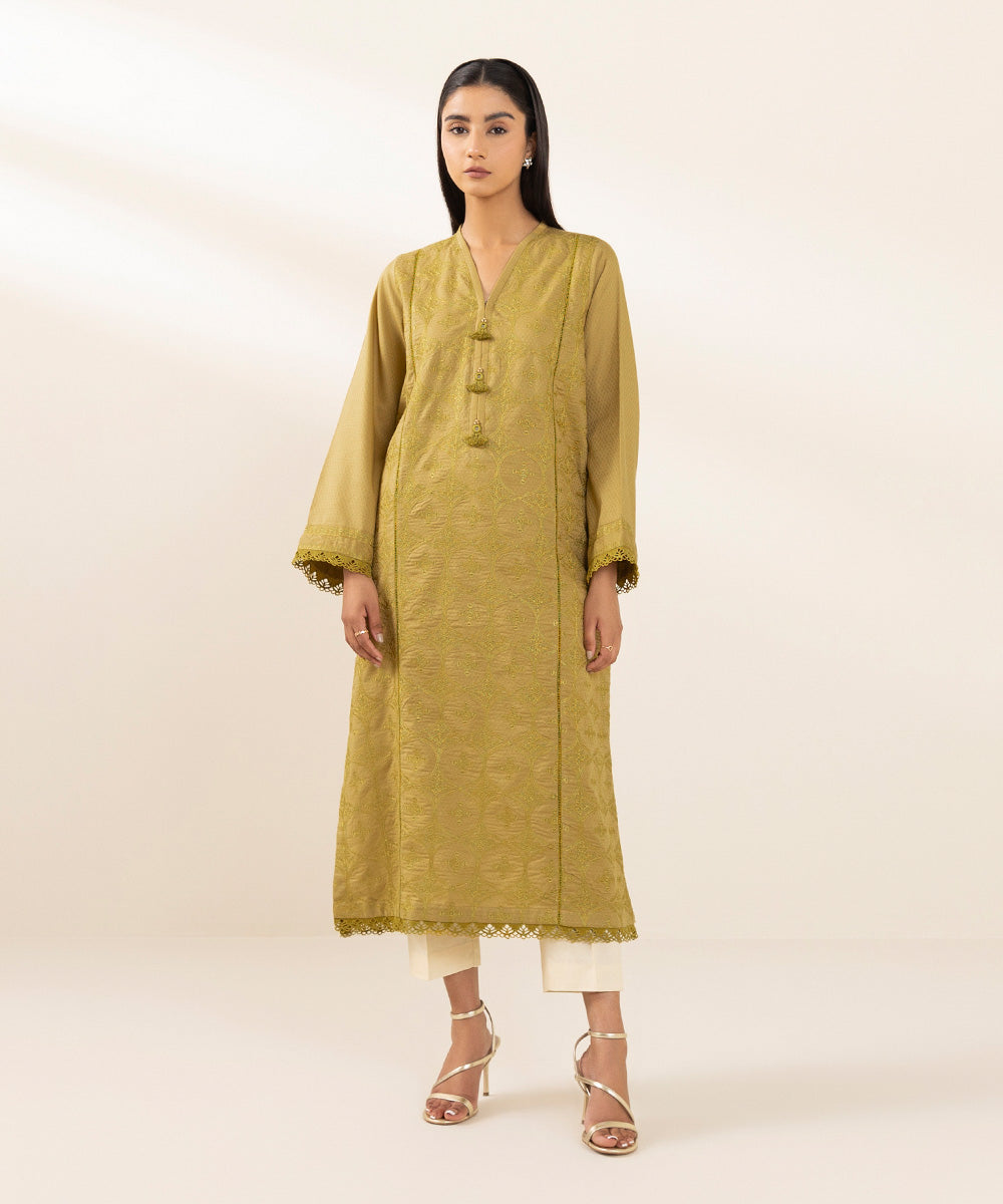 Women's Pret Dobby Solid Embroidered  Olive Yellow A-Line Shirt