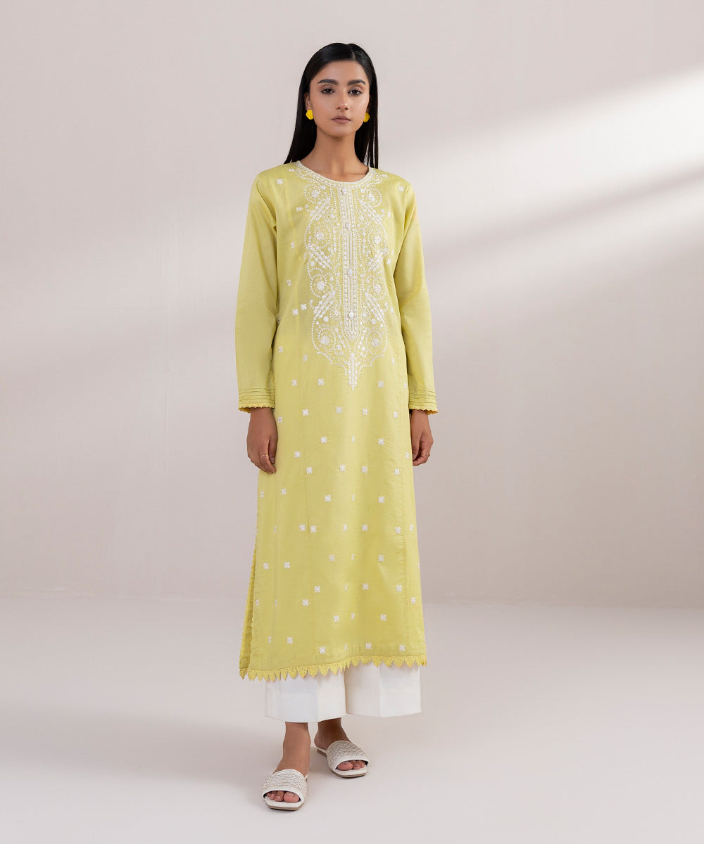 Women's Pret Dobby Embroidered Yellow A-Line Shirt