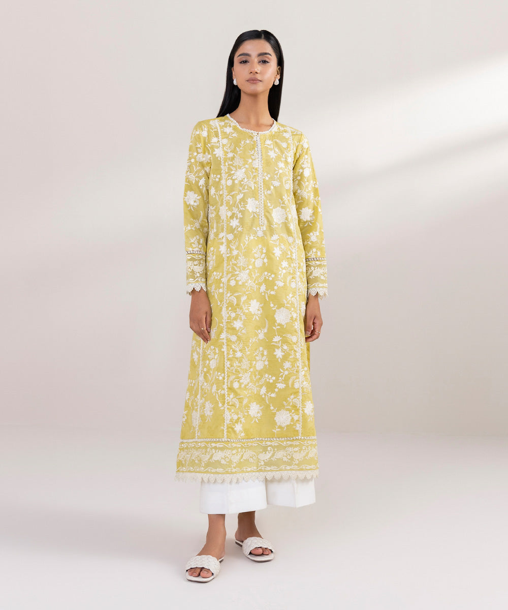 Women's Pret Cotton Jacquard Embroidered Yellow A-Line Shirt