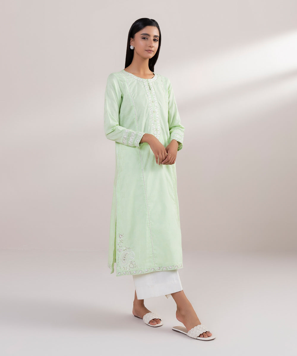 Women's Pret Cotton Jacquard Embroidered Green A-Line Shirt