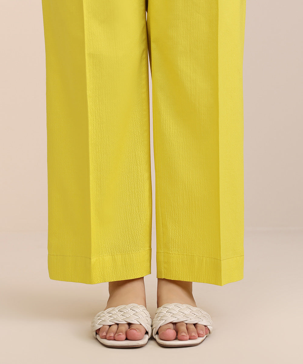 Women's Pret Seersucker Yellow Solid Straight Pants