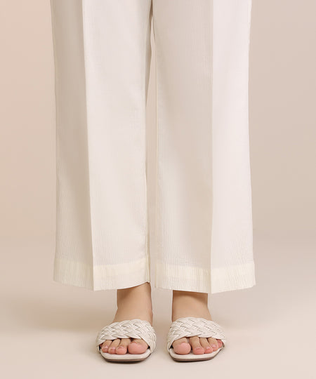 Women's Pret Seersucker Off White Solid Straight Pants