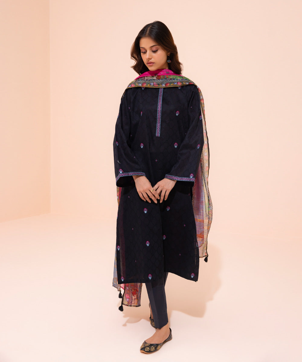 Women's Eid Pret Self Jacquard Embroidered Navy 2 Piece Suit