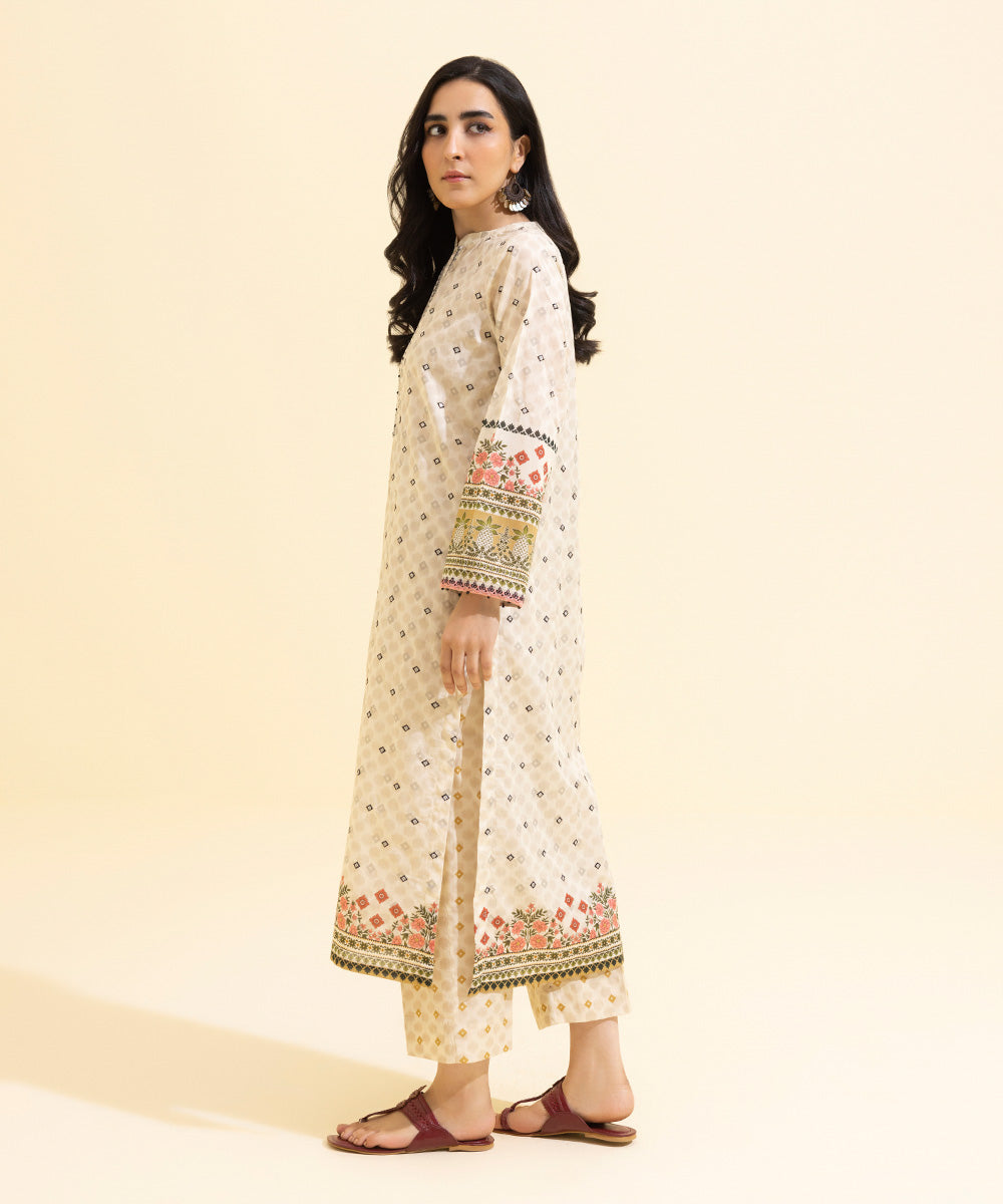 Women's Eid Pret Lawn Embroidered Off White 2 Piece Suit