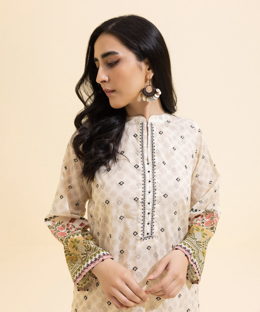 Women's Eid Pret Lawn Embroidered Off White 2 Piece Suit