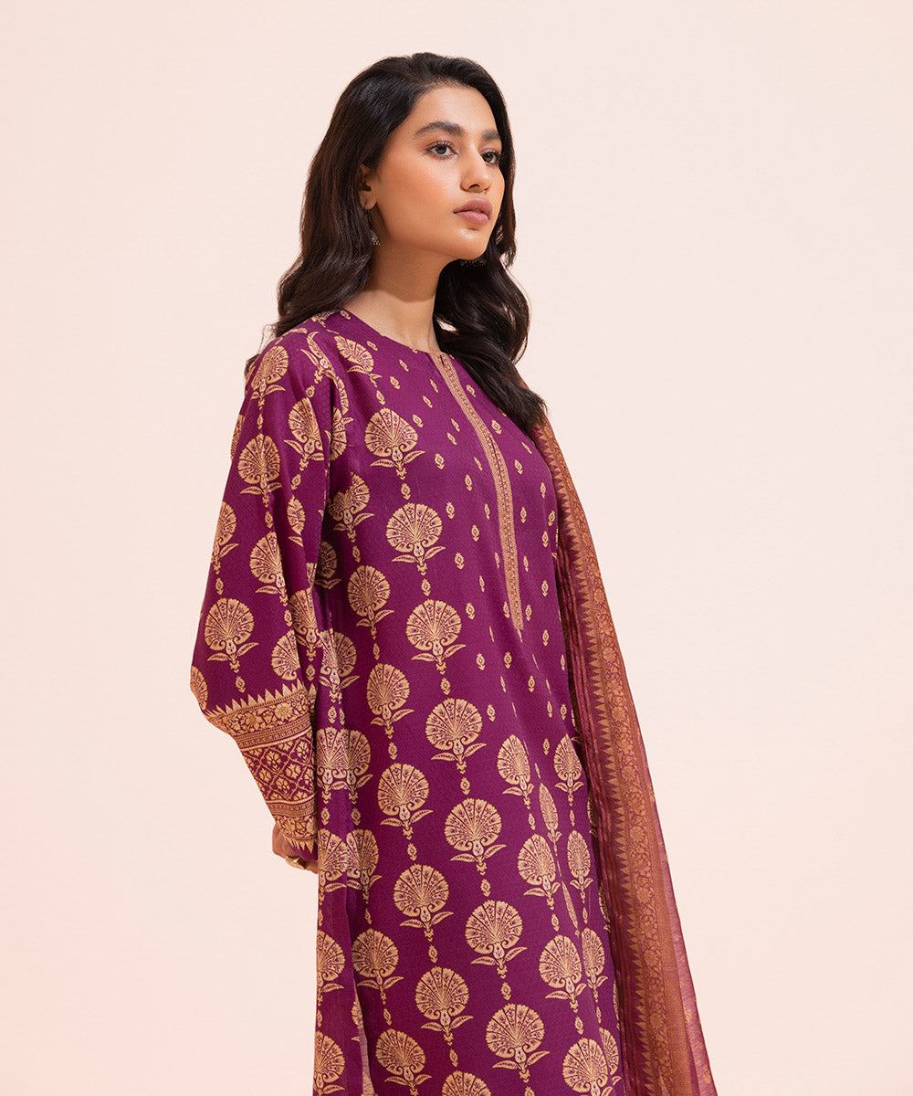 Women's Eid Pret Dobby Printed Purple 3 Piece Suit