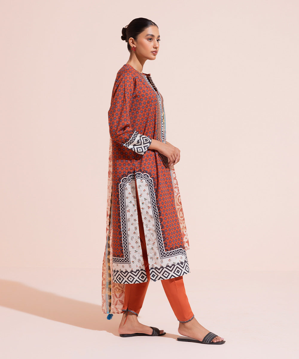 Women's Eid Pret Self Jacquard Embroidered Brown 3 Piece Suit