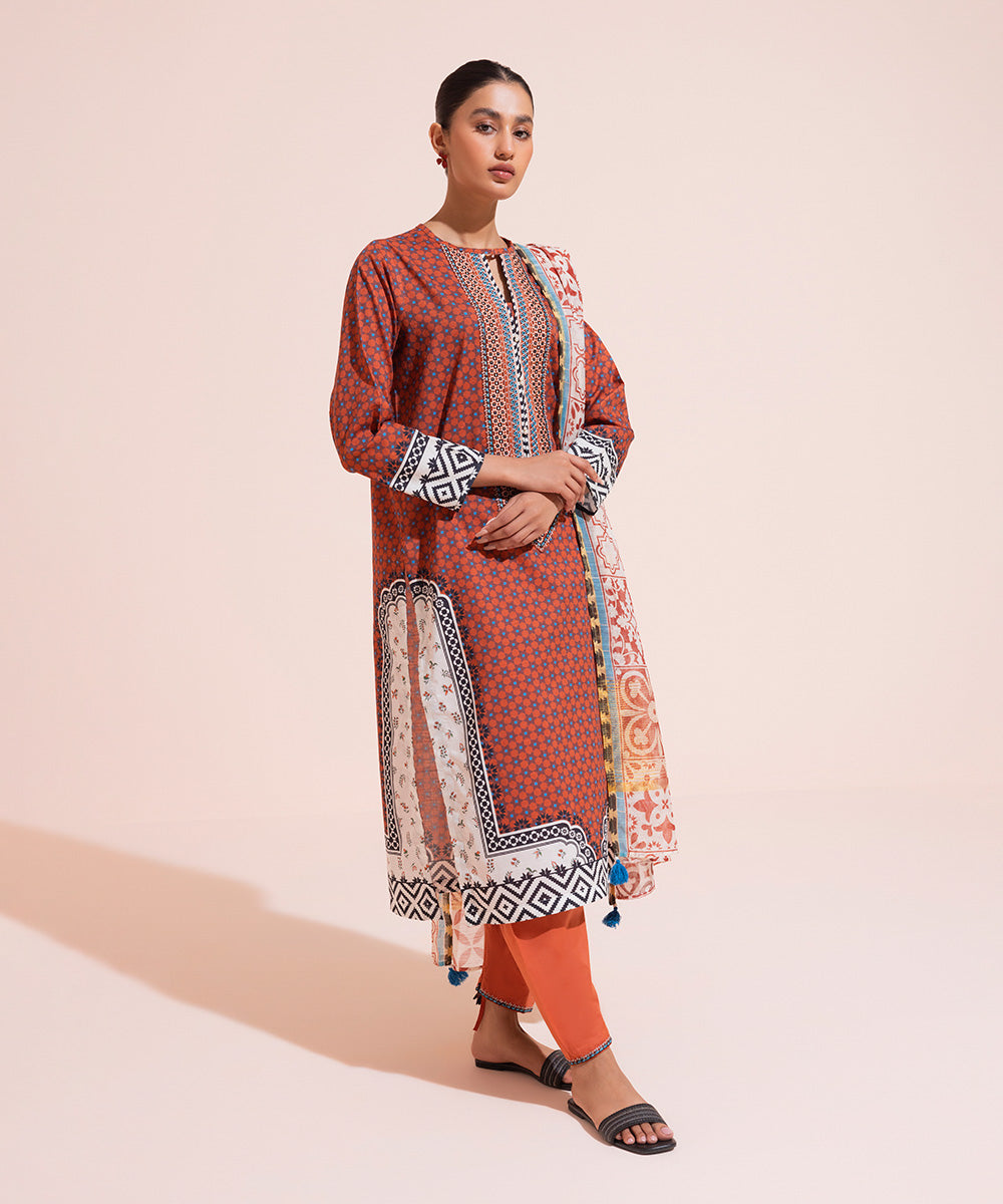 Women's Eid Pret Self Jacquard Embroidered Brown 3 Piece Suit
