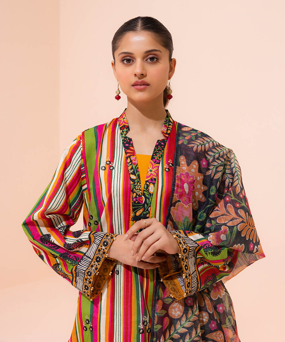 Women's Eid Pret Self Jacquard Embroidered Multi 3 Piece Suit