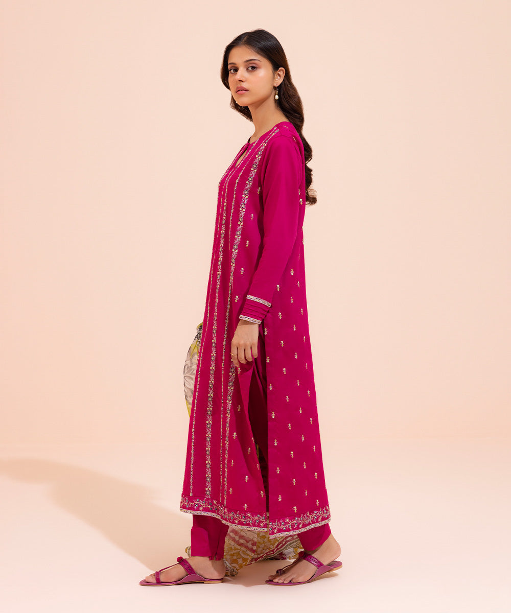 Women's Eid Pret Cotton Satin Embroidered Hot Pink 3 Piece Suit