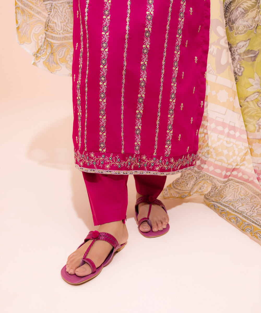 Women's Eid Pret Cotton Satin Embroidered Hot Pink 3 Piece Suit