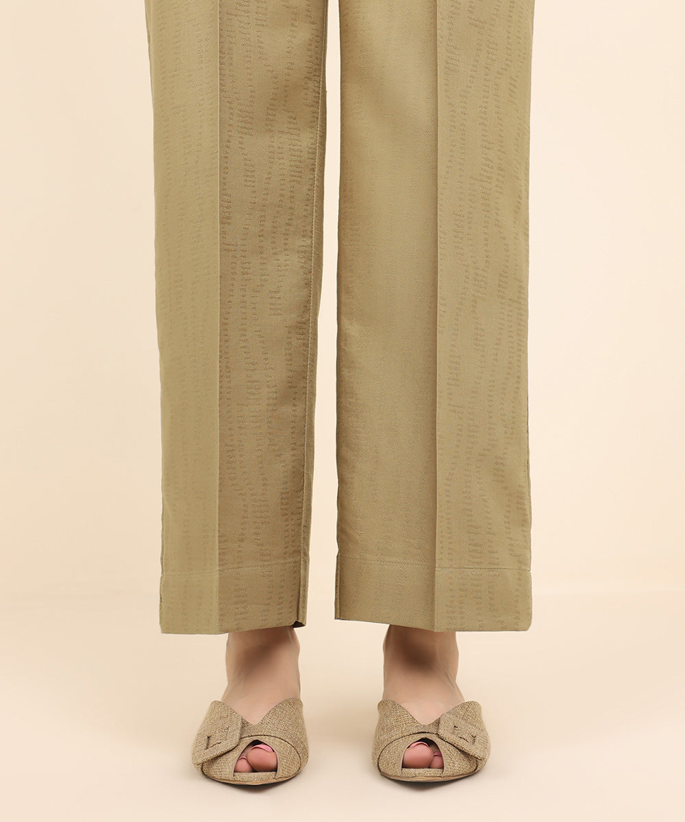 Women's Pret Cotton Jacquard Brown Solid Straight Pants