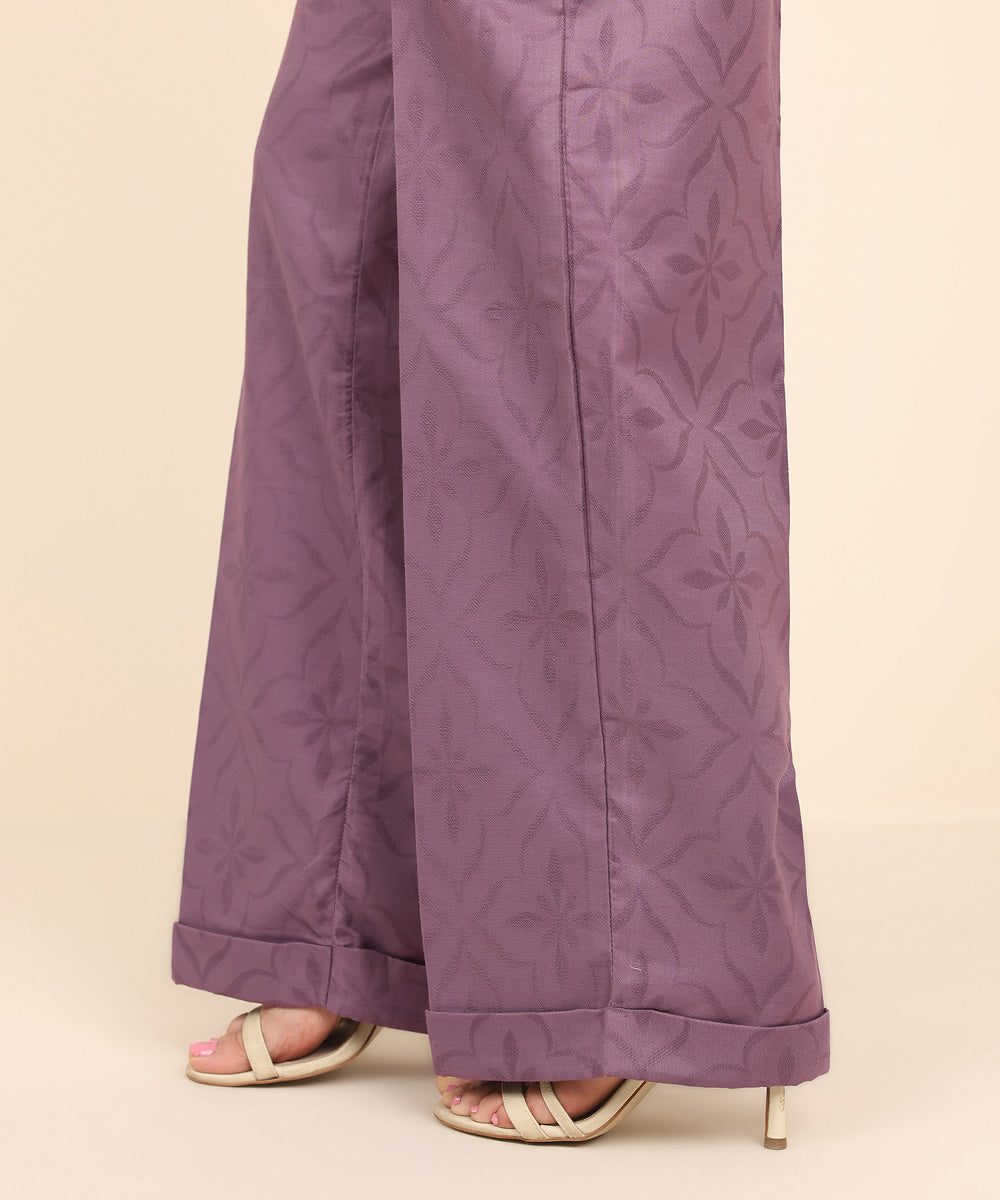 Women's Pret Cotton Jacquard Purple Solid Straight Pants