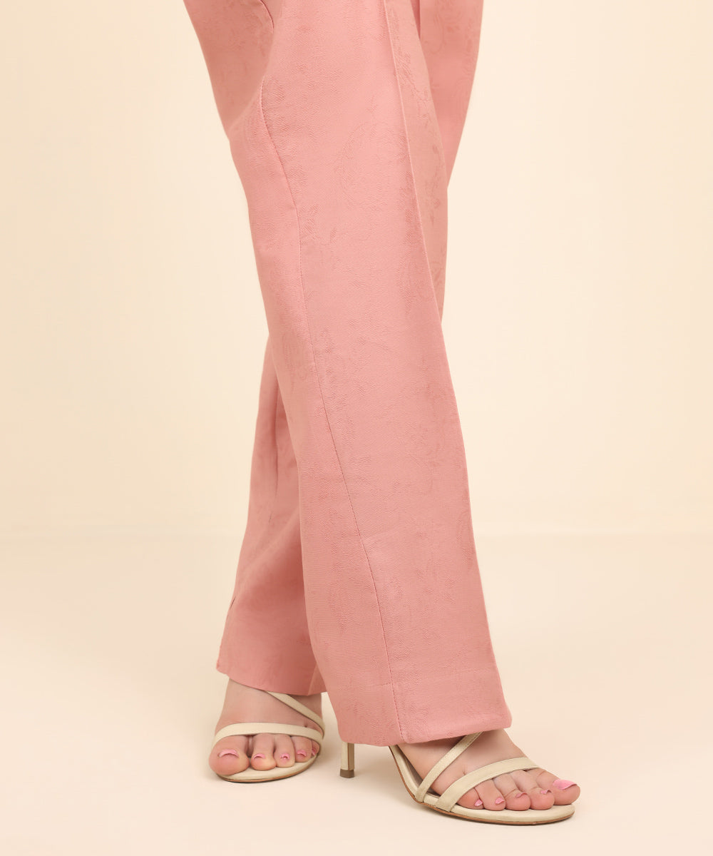 Women's Pret Cotton Jacquard Pink Solid Straight Pants