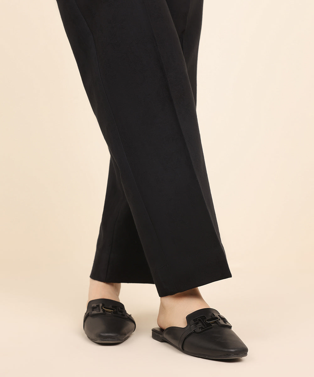 Women's Pret Cotton Jacquard Black Solid Straight Pants