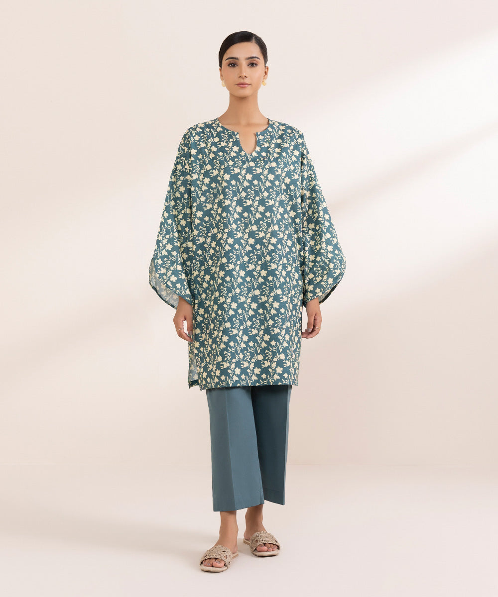 Women's Pret Cambric Printed Green Boxy Shirt