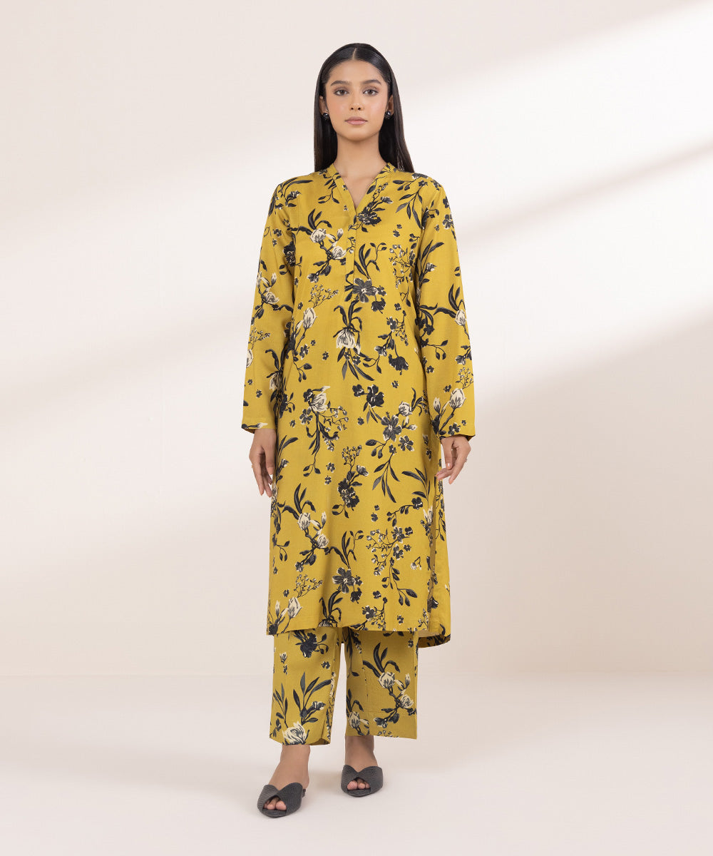 Women's Pret Linen Printed Mustard Straight Shirt