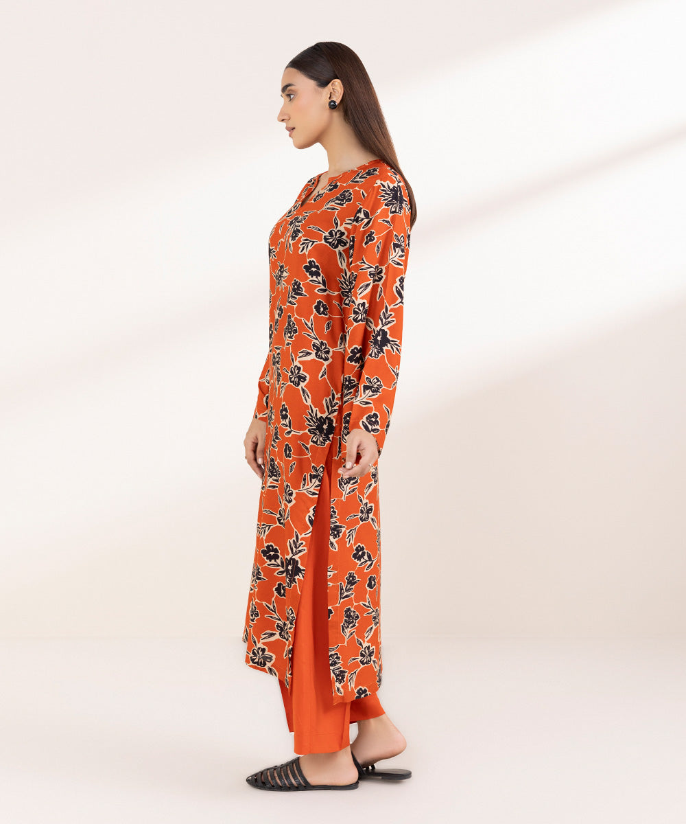 Women's Pret Linen Printed Tangerine Straight Shirt