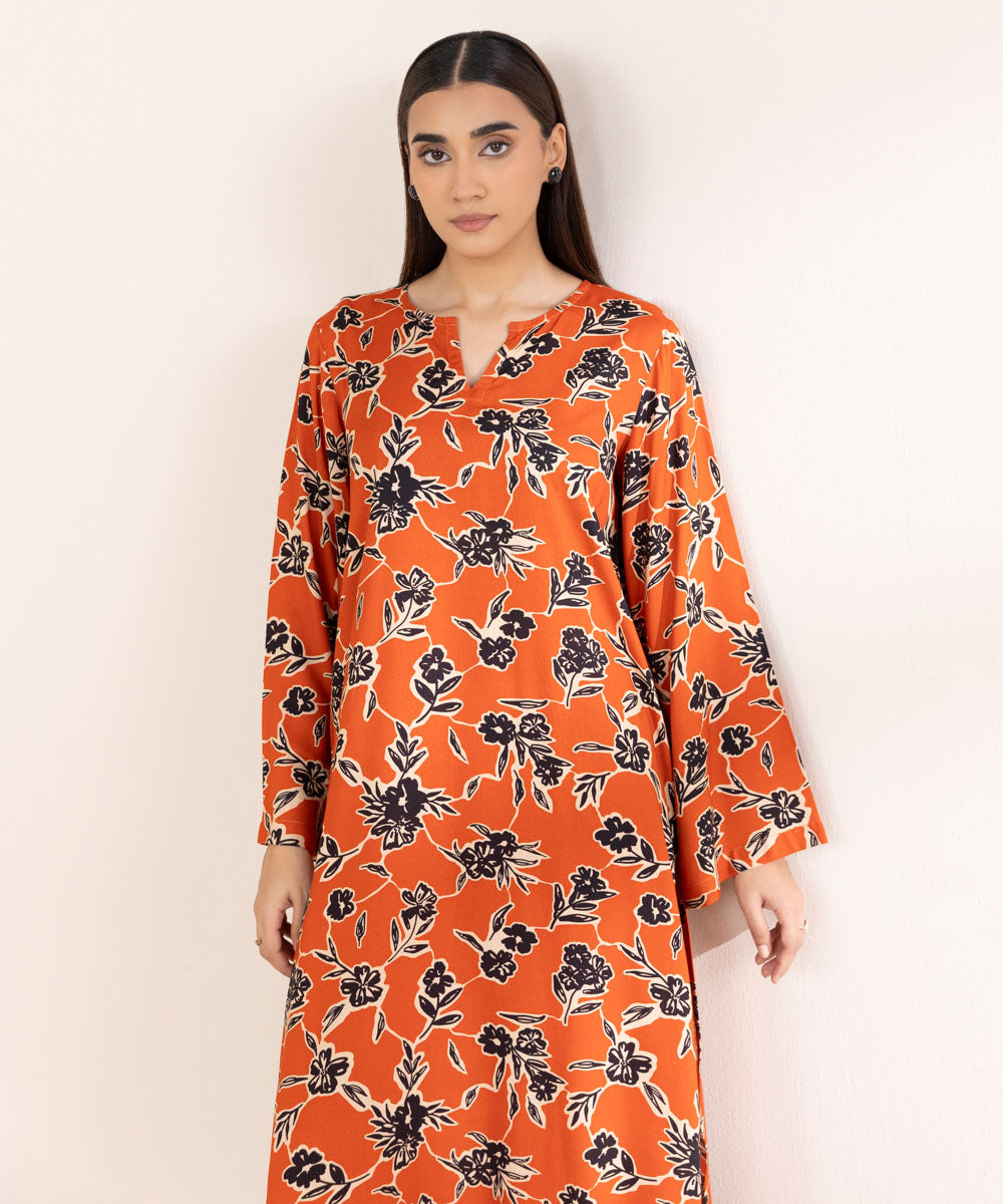 Women's Pret Linen Printed Tangerine Straight Shirt