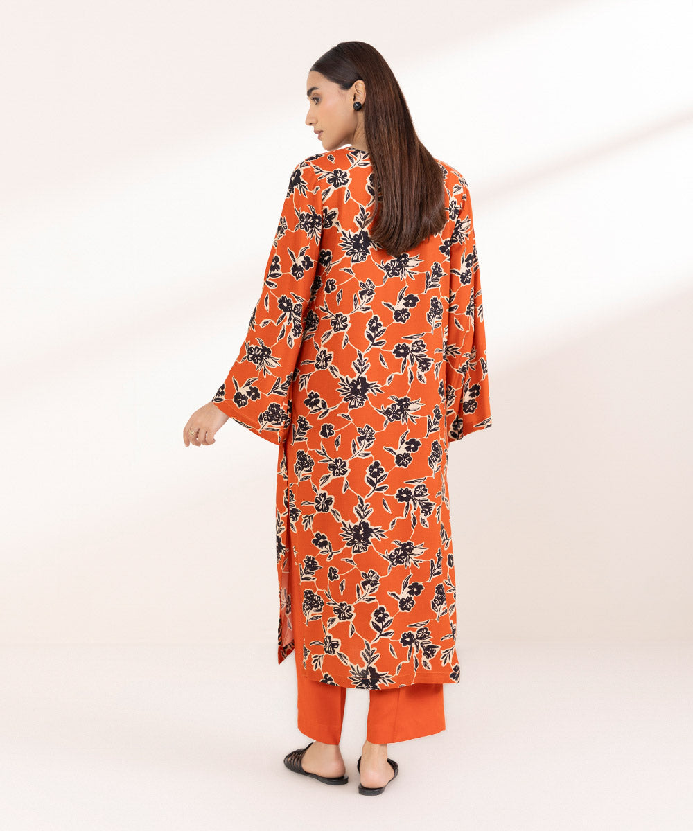 Women's Pret Linen Printed Tangerine Straight Shirt