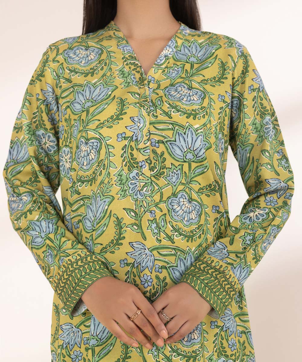 Women's Pret Linen Printed Mustard Straight Shirt