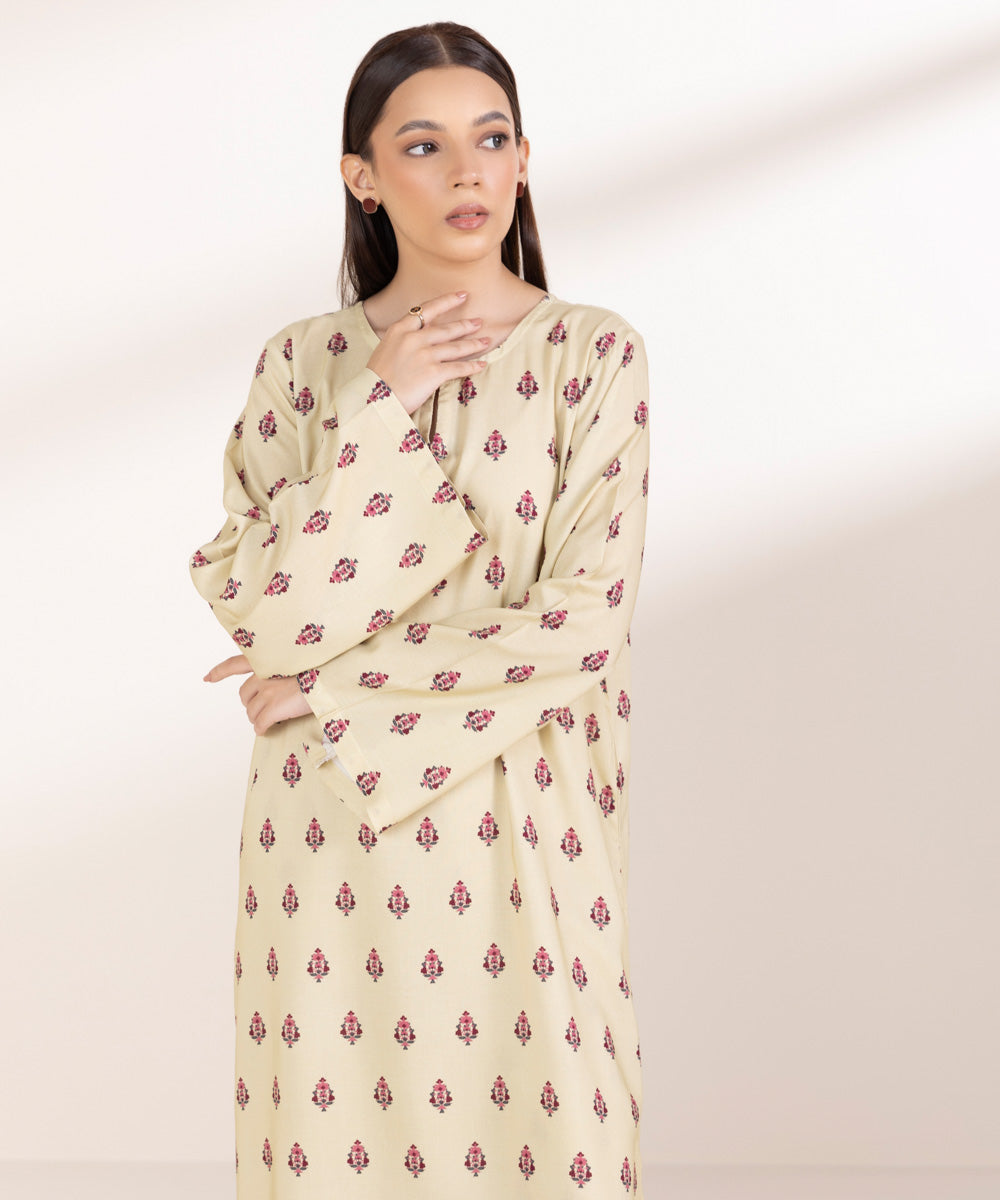 Women's Pret Linen Printed Beige Straight Shirt