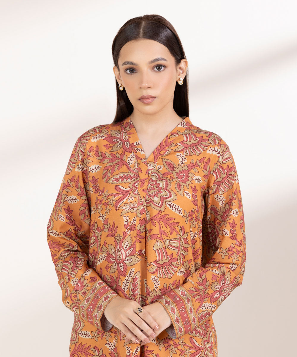 Women's Pret Linen Printed Orange Straight Shirt