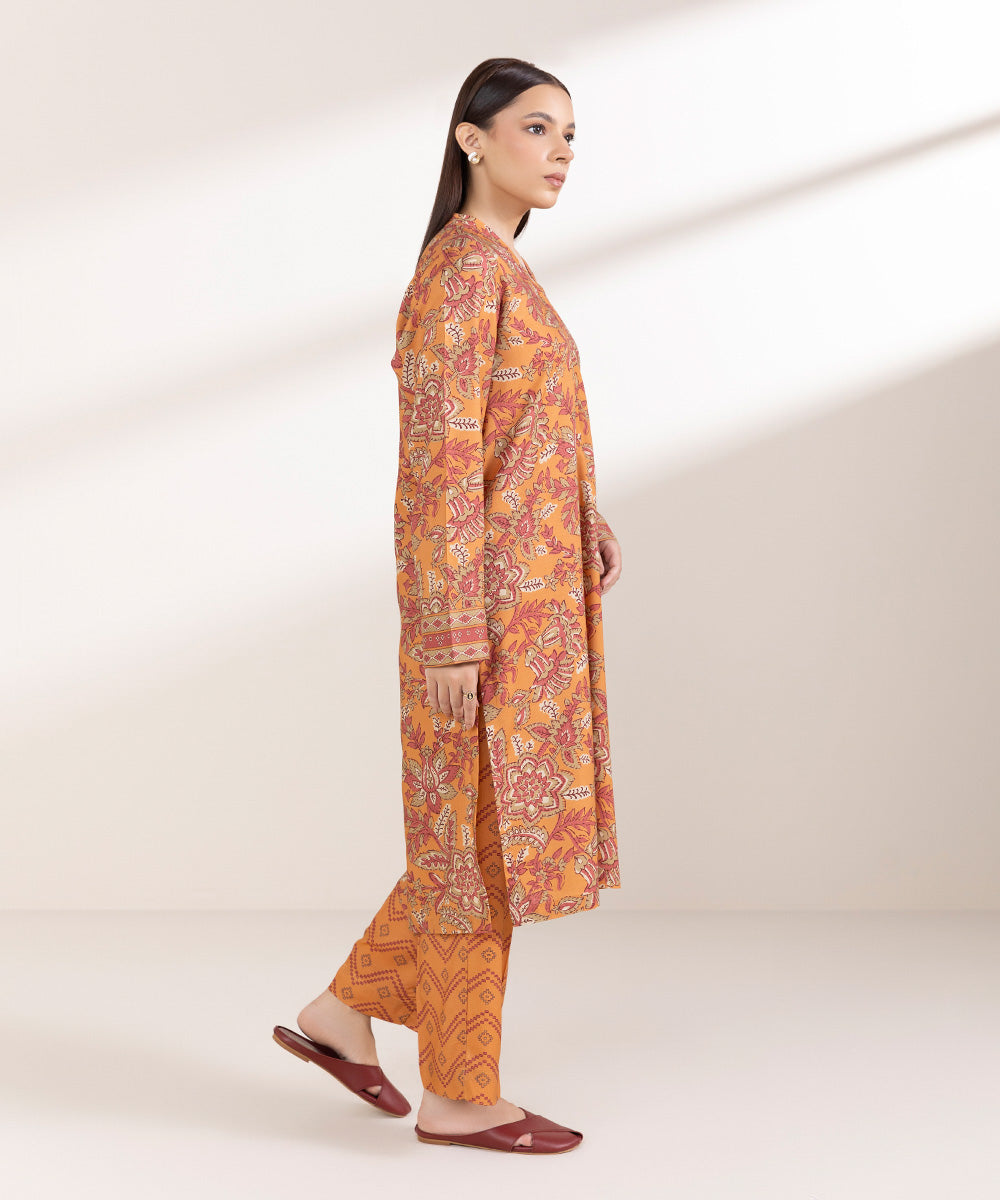 Women's Pret Linen Printed Orange Straight Shirt