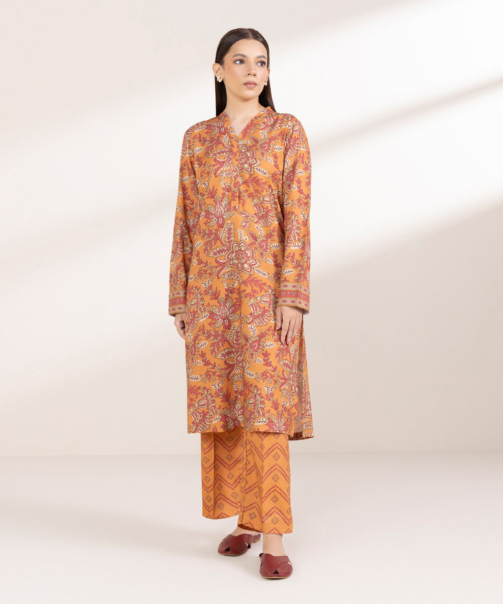 Women's Pret Linen Printed Orange Straight Shirt