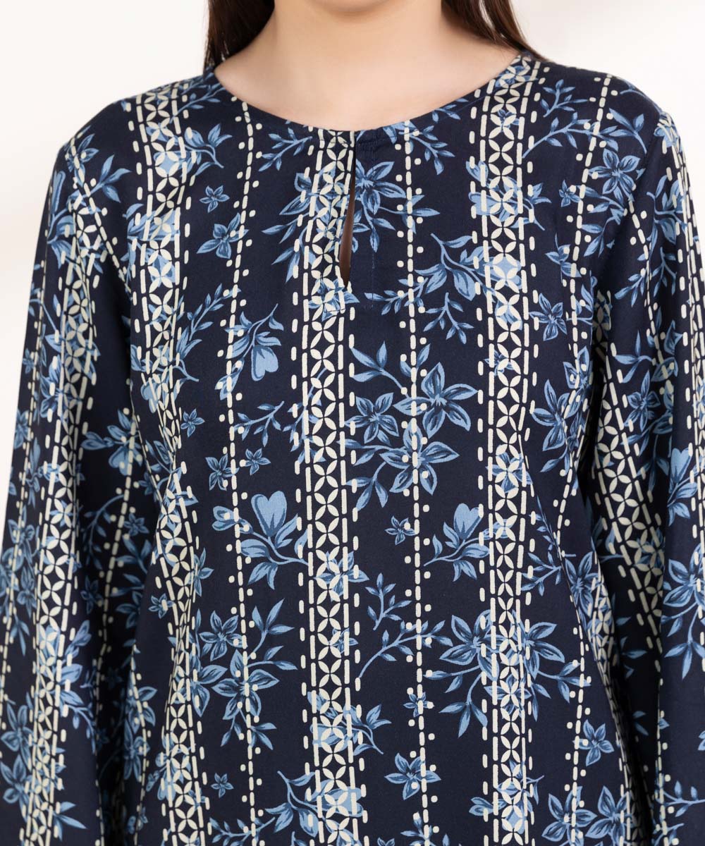 Women's Pret Linen Printed Black And Blue Straight Shirt