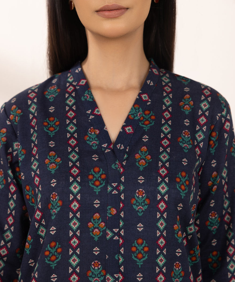 Women's Pret Khaddar Printed Blue Straight Shirt