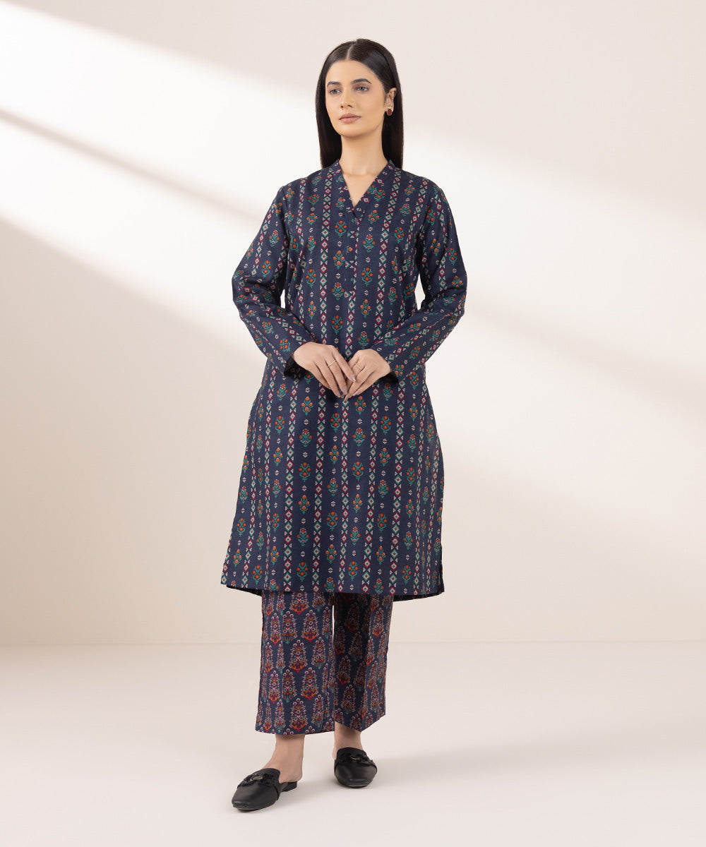 Women's Pret Khaddar Printed Blue Straight Shirt