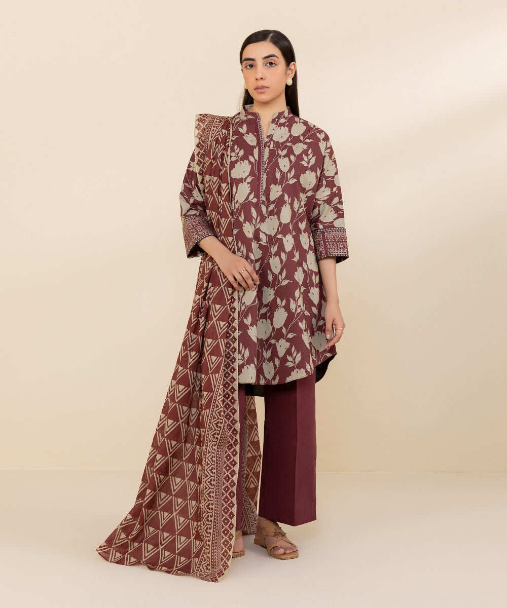 Women's Unstitched Lawn Red Printed 3 Piece Suit