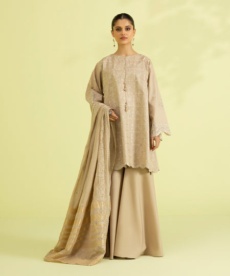 Eid Unstitched Women's Embroidered Lawn Tan 3 Piece Suit