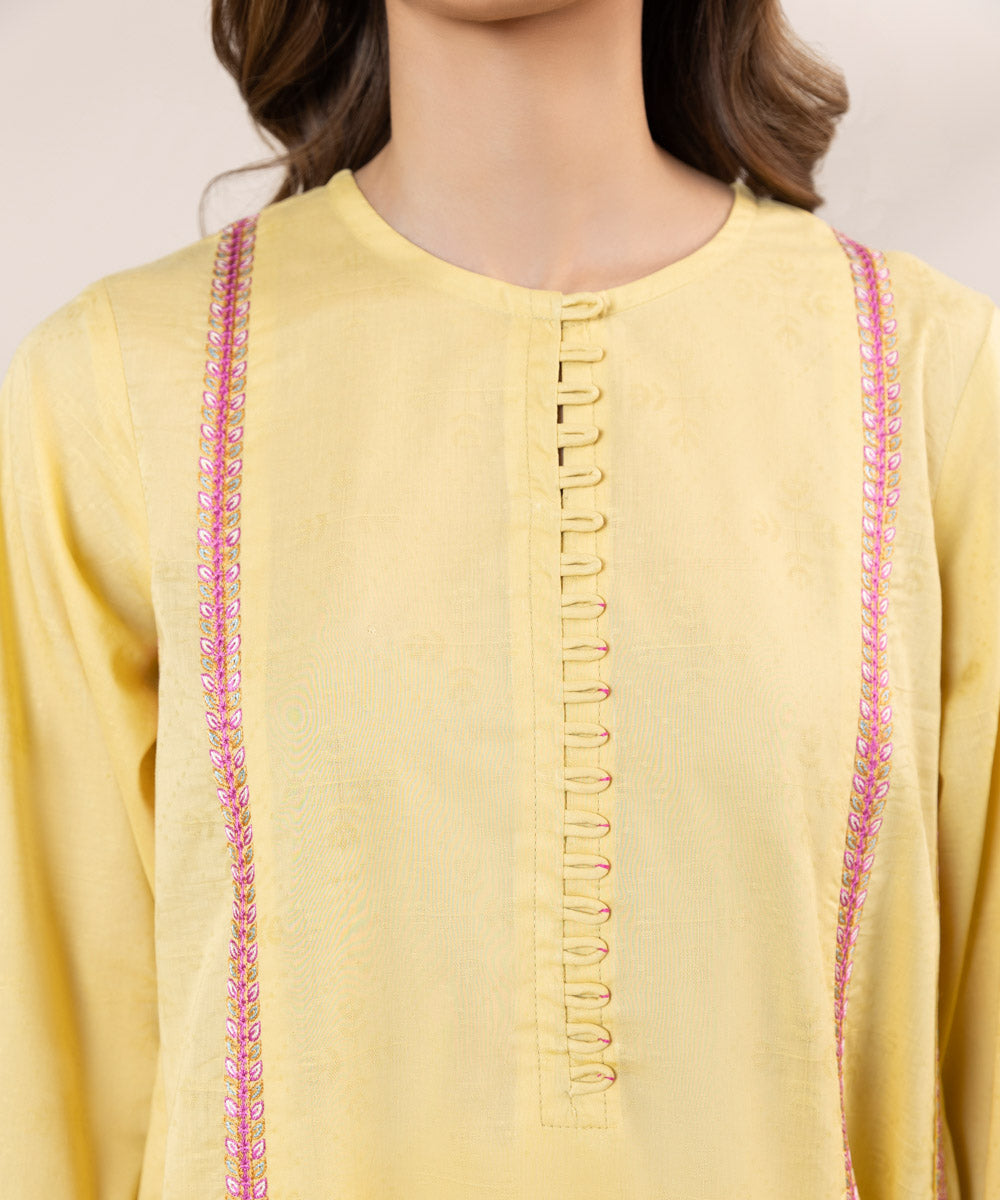 Women's Pret Self Jacquard Solid Embroidered Yellow A-Line Shirt