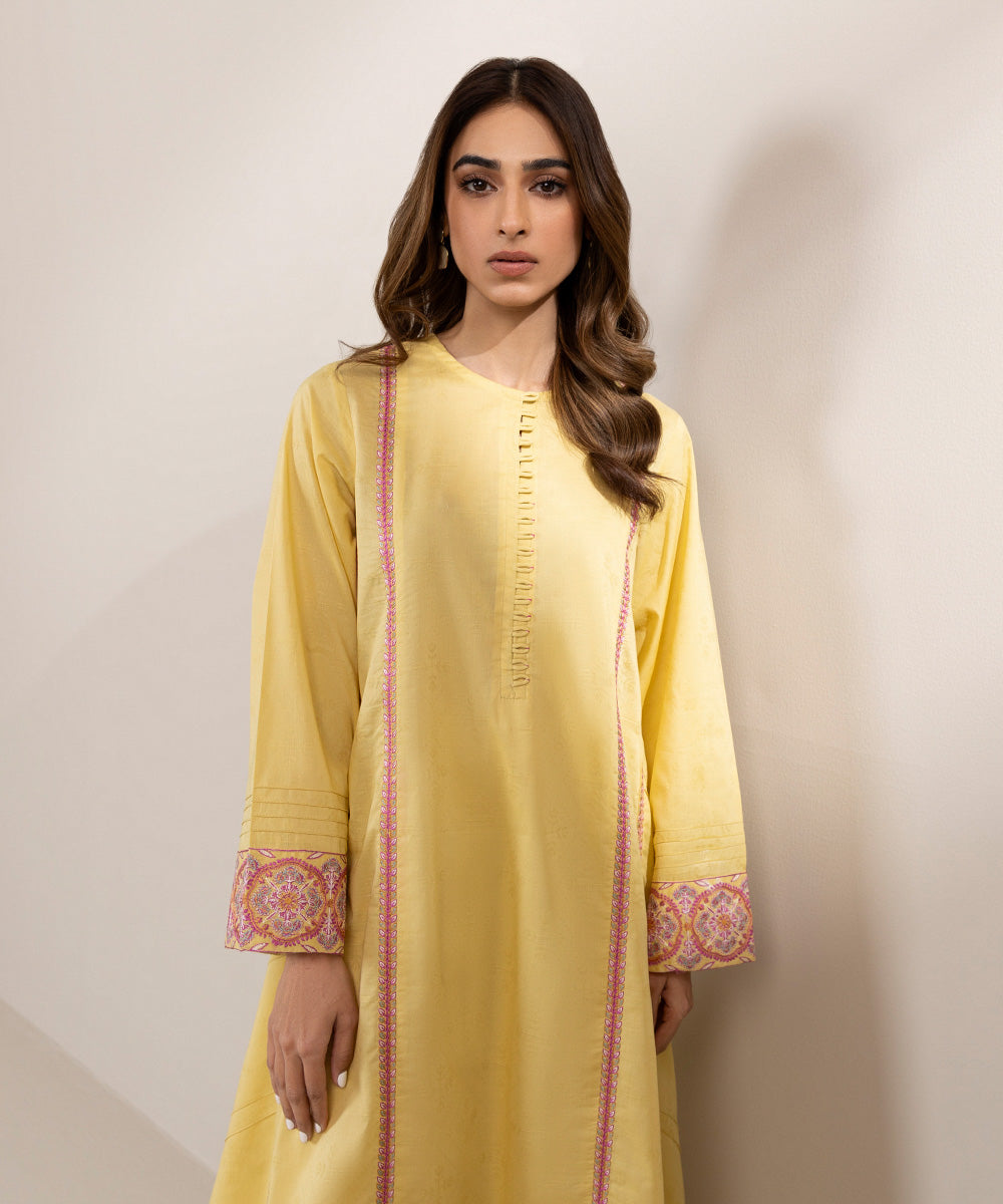 Women's Pret Self Jacquard Solid Embroidered Yellow A-Line Shirt