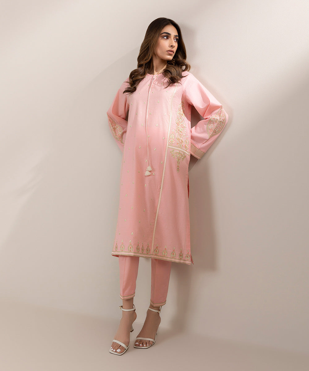 Women's Pret Dobby Solid Embroidered Pink A-Line Shirt