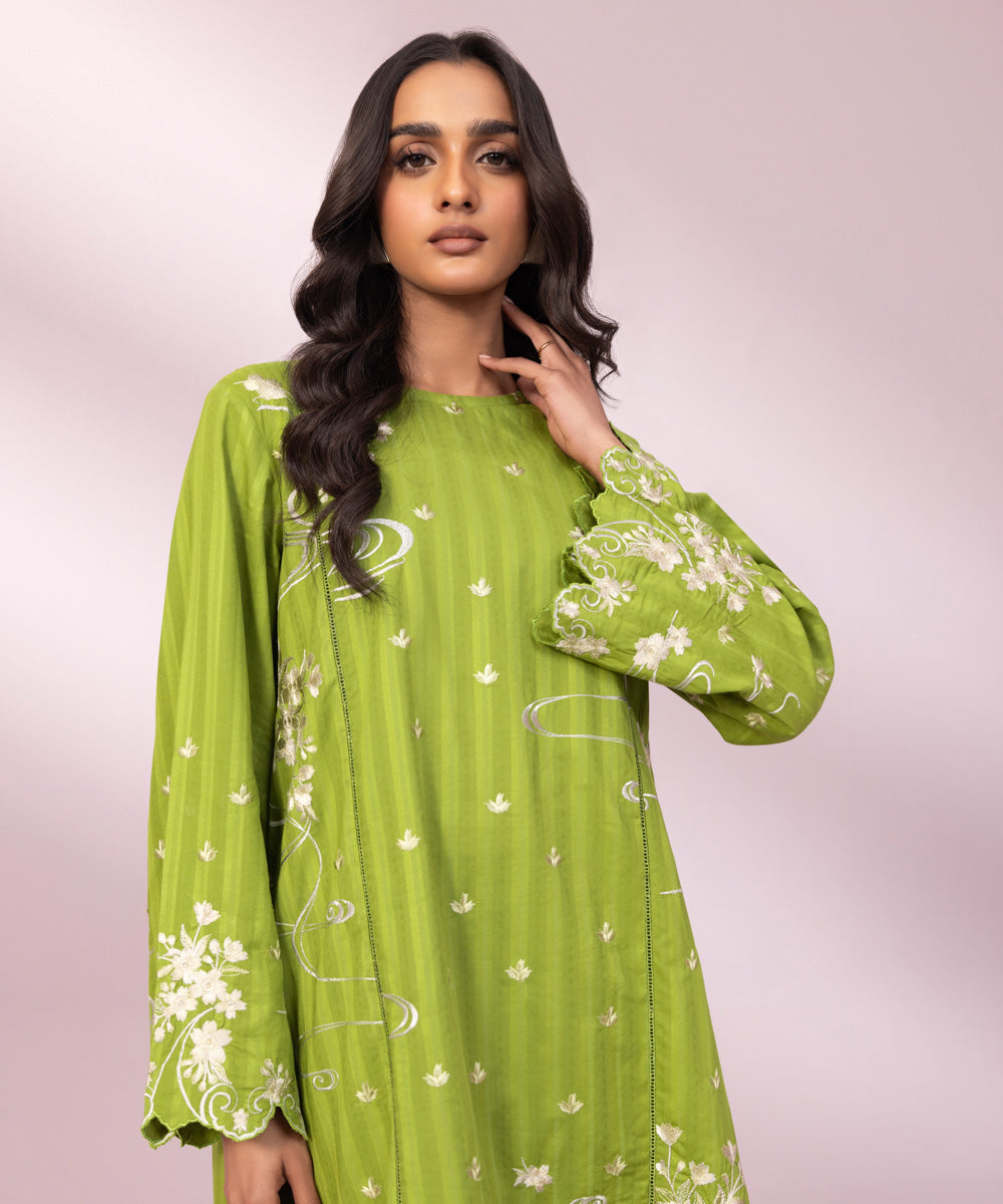 Women's Pret Dobby Embroidered Green A-Line Shirt