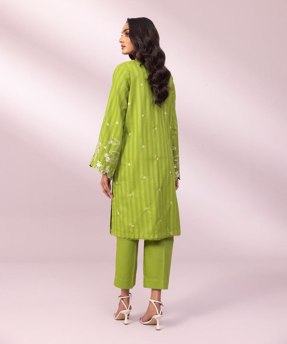 Women's Pret Dobby Embroidered Green A-Line Shirt