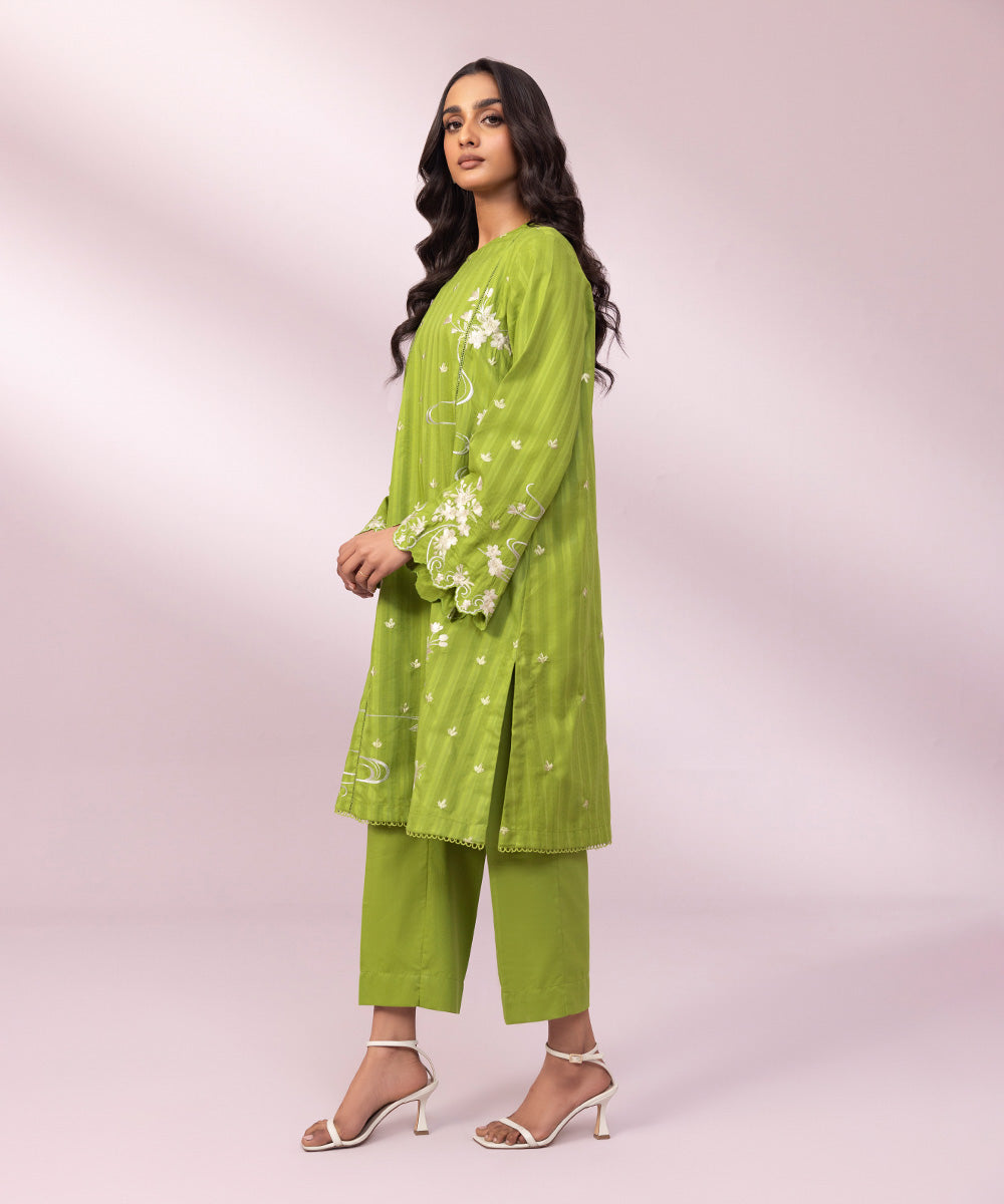 Women's Pret Dobby Embroidered Green A-Line Shirt