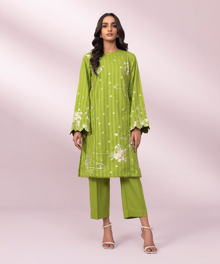 Women's Pret Dobby Embroidered Green A-Line Shirt