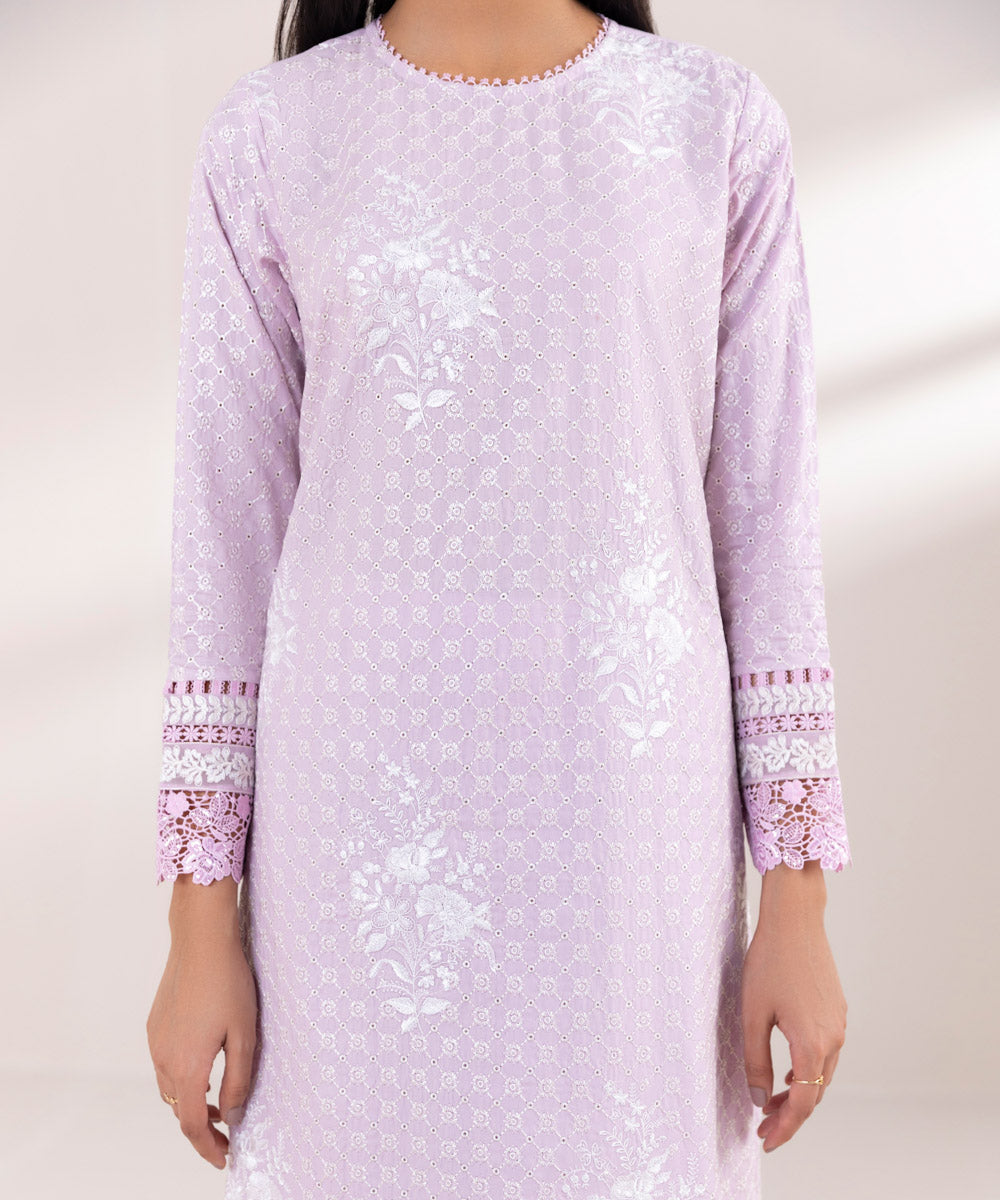 Women's Pret Luxury Satin Embroidered Purple A-Line Shirt