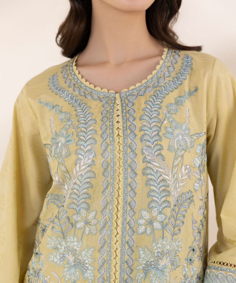 Women's Pret Cotton Jacquard Yellow Dyed A-Line Shirt