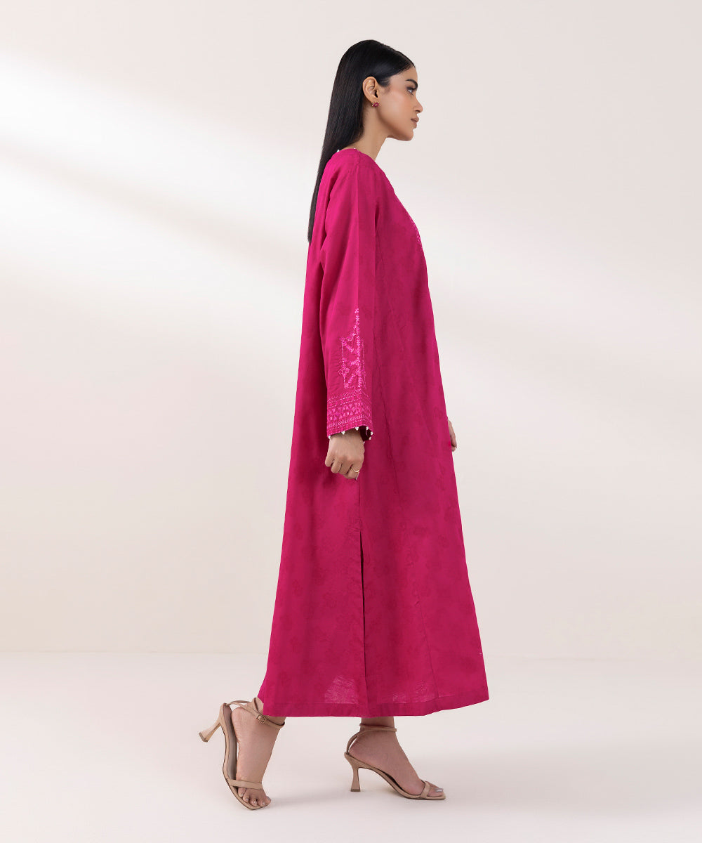 Women's Pret Cotton Jacquard Embroidered Pink A-Line Shirt