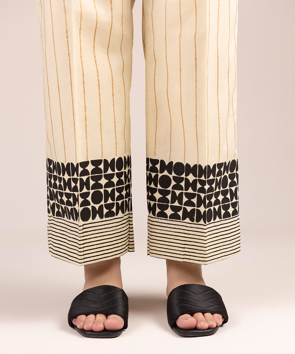 Women's Pret Cambric Printed Off White Straight Pants