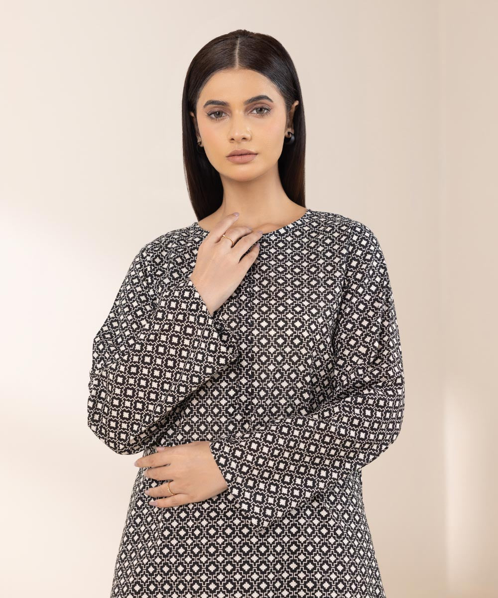 Women's Pret Khaddar Printed Black A-Line Shirt