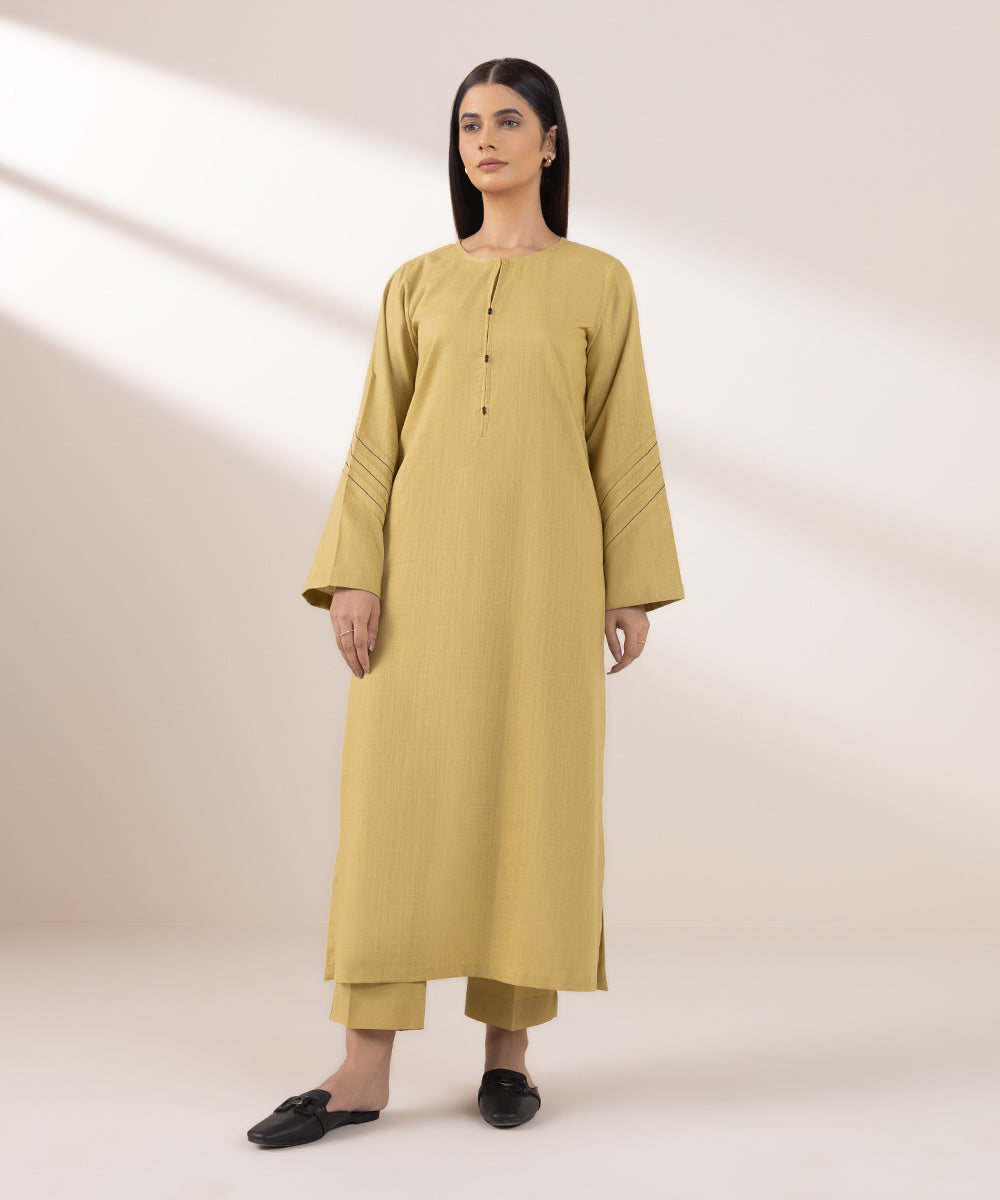 Women's Pret Khaddar Solid Yellow A-Line Shirt