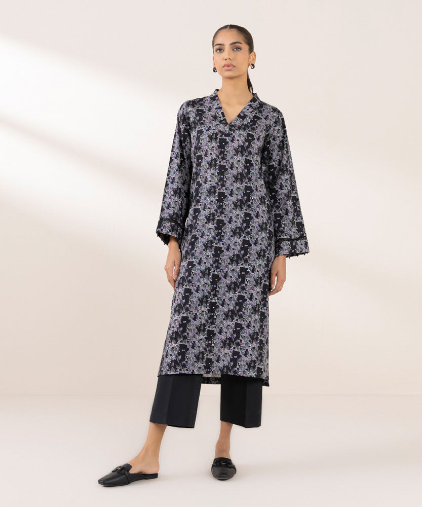 Women's Pret Khaddar Printed Black A-Line Shirt