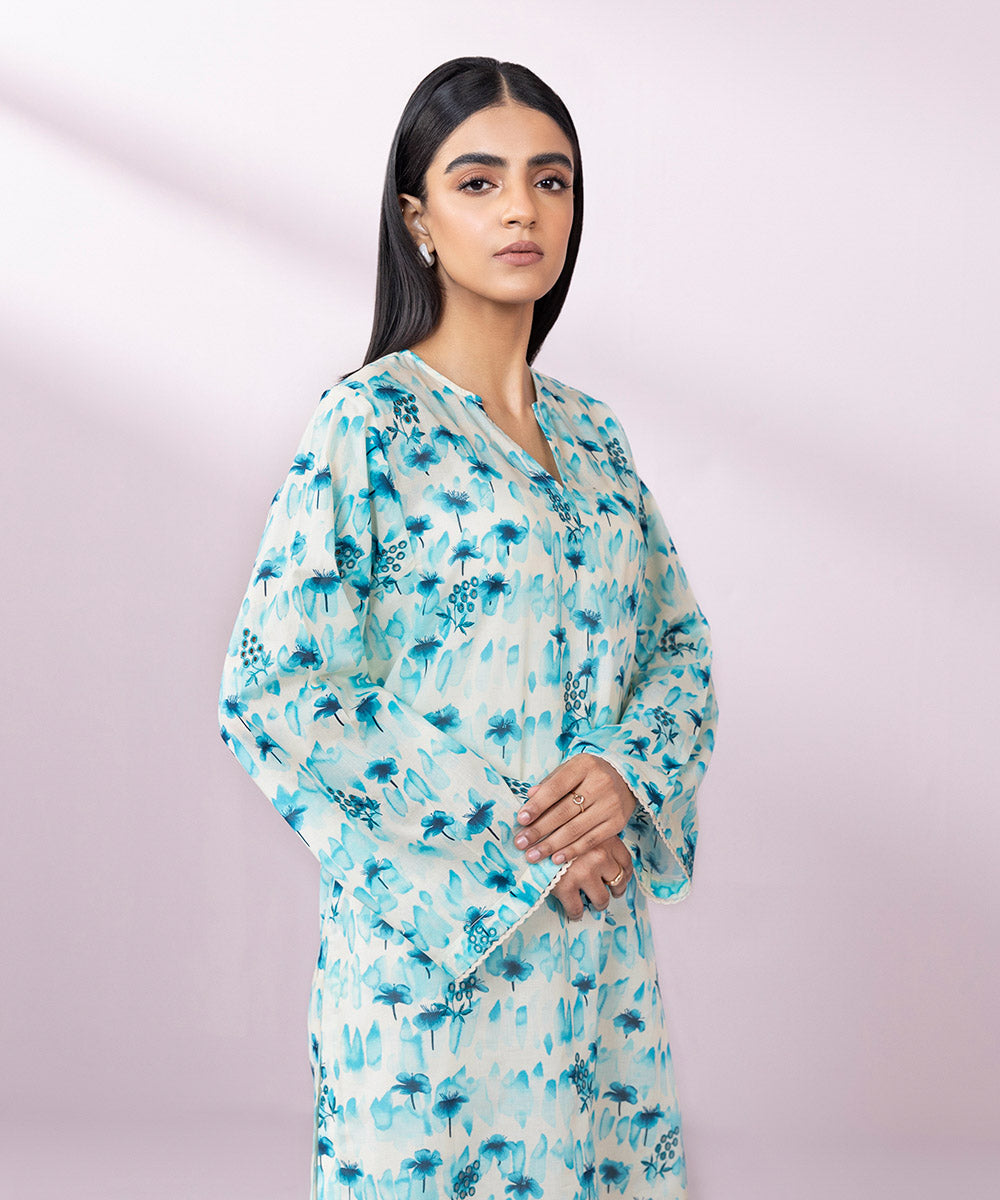 Women's Pret Lawn Printed Embroidered Blue Straight Shirt
